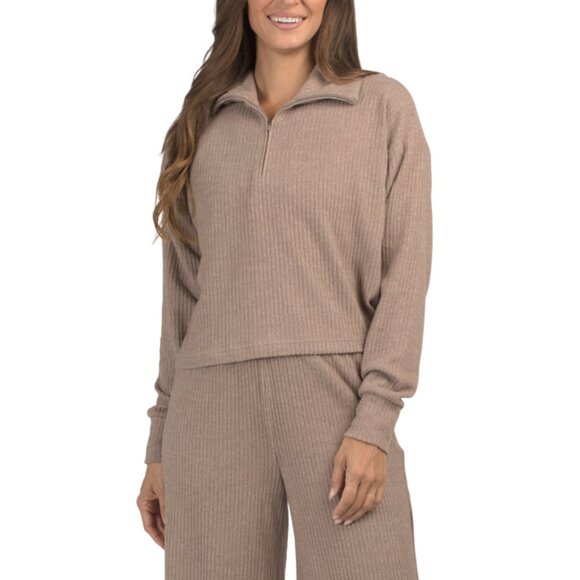 YOGALICIOUS Tiramisu Rib Knit Brooklyn Rebel Quarter Mock Neck Zip Top - Picture 1 of 2
